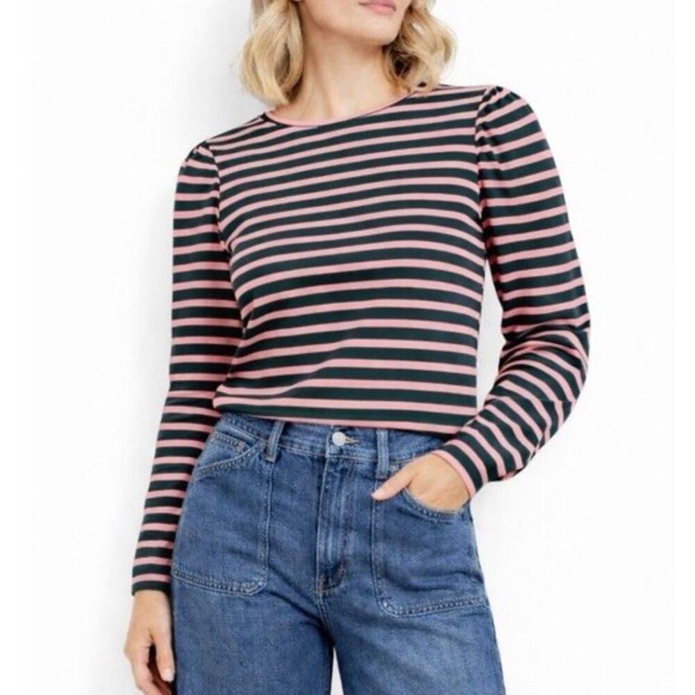 J Crew Puff Sleeve Button Back Top Medium Green Pink Stripes Gold Button Cotton